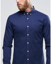 Asos Brand Skinny Shirt In Navy Twill With Long Sleeves
