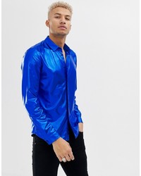 ASOS DESIGN Regular Fit Metallic Shirt In Blue