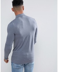 Asos Extreme Muscle Long Sleeve Polo In Jersey In Blue Marl