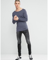 Asos Extreme Muscle Long Sleeve T Shirt With Boat Neck In Navy