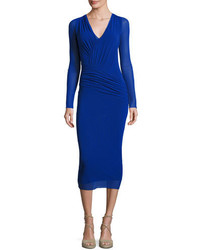 Fuzzi Long Sleeve Ruched Tulle Midi Dress Blue