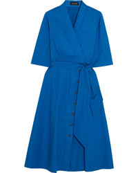 Saloni M B Wrap Effect Cotton Blend Poplin Midi Dress Blue