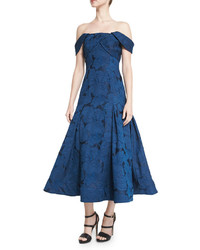 ML Monique Lhuillier Off The Shoulder Leaf Jacquard Midi Dress Blue Sapphire