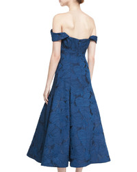 ML Monique Lhuillier Off The Shoulder Leaf Jacquard Midi Dress Blue Sapphire