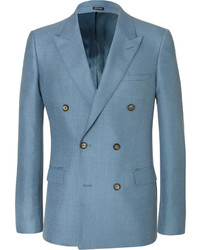 Alexander McQueen Blue Slim Fit Double Breasted Mohair And Silk Blend Suit Jacket