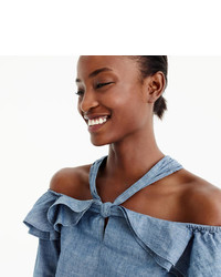 J.Crew Petite Off The Shoulder Tie Neck Top In Chambray