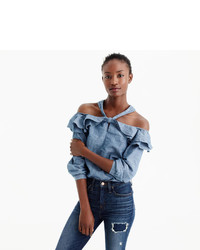 J.Crew Petite Off The Shoulder Tie Neck Top In Chambray