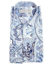 Etro Blue Paisley Print Cotton Spread Collar Dress Shirt