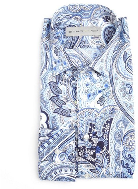 Etro Blue Paisley Print Cotton Spread Collar Dress Shirt, $310 ...