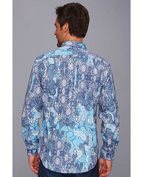 Thomas Dean Co Blue Print Tailored Fit Ls Sport Shirt