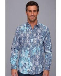 Thomas Dean Co Blue Print Tailored Fit Ls Sport Shirt