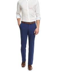 Ermenegildo Zegna Cashmere Cotton Flat Front Trousers Blue