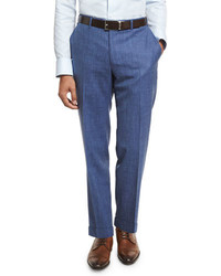 Canali Heathered Solid Flat Front Trousers Blue