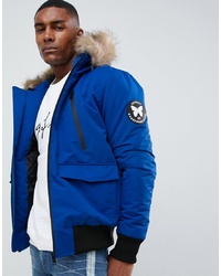 Good For Nothing Bomber Jacket In Blue With Faux Fur Hood