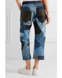 Junya Watanabe Cropped Leather Trimmed Patchwork Boyfriend Jeans Blue