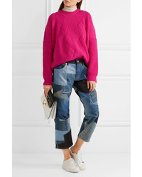 Junya Watanabe Cropped Leather Trimmed Patchwork Boyfriend Jeans Blue