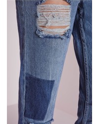Missguided Riot Highrise Rip Patchwork Mom Jeans Vintage Blue