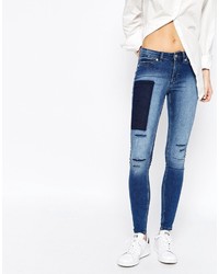 Cheap Monday Mid Spray Skinny Jeans With Distressing And Patchwork Detail