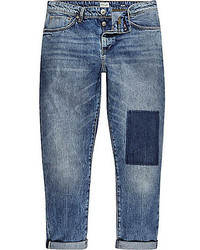 River Island Mid Wash Patchwork Jimmy Slim Tapered Jeans