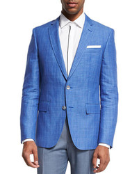 BOSS Plaid Linen Cotton Sport Coat Blue