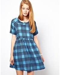 Asos Smock Dress In Graphic Check Print Blue
