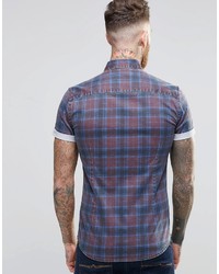 Asos Brand Skinny Denim Shirt With Check In Blue And Long Sleeve