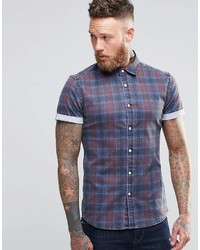 Asos Brand Skinny Denim Shirt With Check In Blue And Long Sleeve