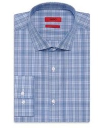 Hugo Boss Easton X Slim Fit Modified Spread Collar Cotton Plaid Dress Shirt 155r Blue