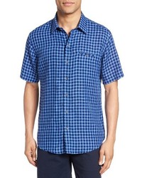 Blue Plaid Linen Short Sleeve Shirt
