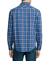 Long Sleeve Flannel Sport Shirt Wplaid Print Vallarta Blue