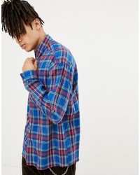 ASOS DESIGN Oversized Boxy Check Shirt In Blue With Poppers