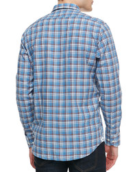 Neiman Marcus Plaid Poplin Button Down Shirt Blue