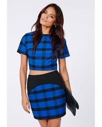 Missguided Rose Check Curve Detail Mini Skirt Blue