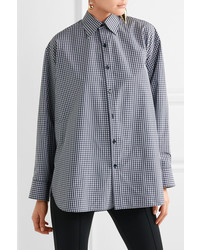 Balenciaga Oversized Checked Cotton Blend Poplin Shirt Navy