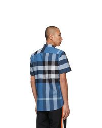 Burberry Blue Stretch Poplin Check Short Sleeve Shirt