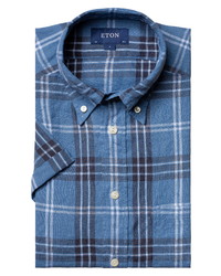 Eton Slim Fit Plaid Short Sleeve Linen Button Shirt