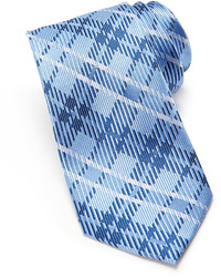 Neiman Marcus Woven Plaid Pattern Silk Tie Blue