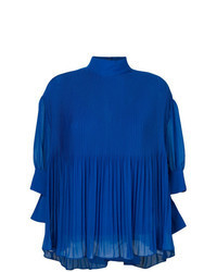 Blue Pleated Long Sleeve Blouse