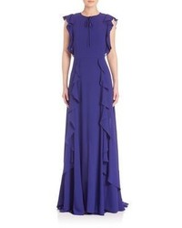 Blue Pleated Silk Evening Dress