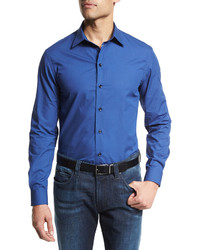 Armani Collezioni Mini Dot Print Long Sleeve Sport Shirt Blue