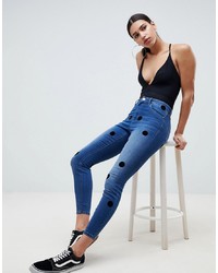 ASOS DESIGN Ridley High Waist Skinny Jeans In Dark Stone Wash With Large Flock Spots