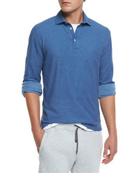 Brunello Cucinelli Pique Long Sleeve Polo Shirt Blue