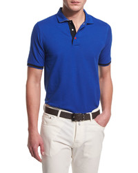 Kiton Short Sleeve Snap Placket Pique Polo Shirt Blue