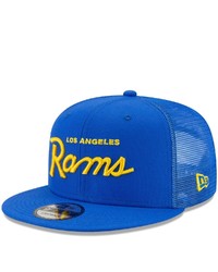New Era Royal Los Angeles Rams Script Trucker 9fifty Snapback Hat