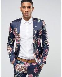 Asos Super Skinny Suit Jacket In Navy Floral Print