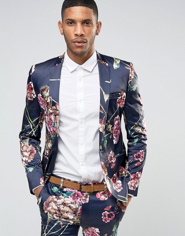 Asos Super Skinny Jacket In Navy Floral $128 | Asos | Lookastic