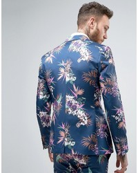 Asos Super Skinny Suit Jacket In Blue Tropical Floral Print In Sateen