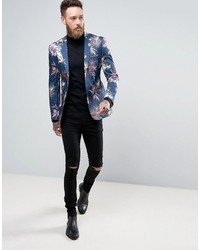Asos Super Skinny Suit Jacket In Blue Tropical Floral Print In Sateen