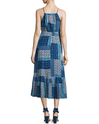 Neiman Marcus Beaded Tassel Maxi Dress Blue Pattern