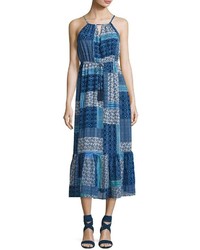 Neiman Marcus Beaded Tassel Maxi Dress Blue Pattern